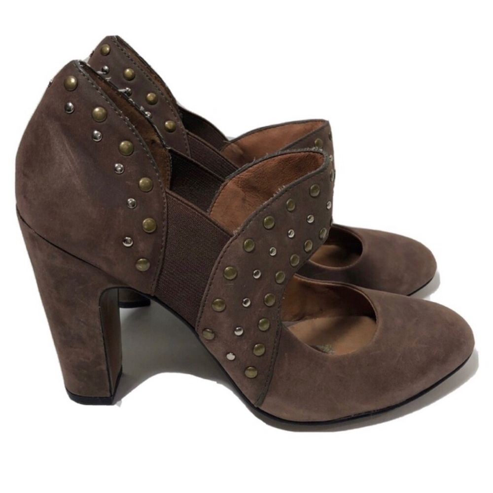 No 704 b. Anthropologie Prima Suede studded heels.  Size 39.